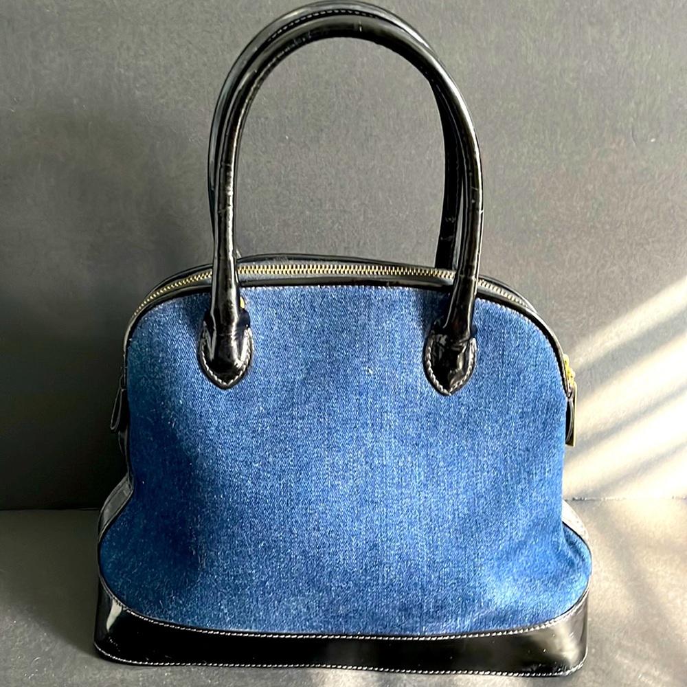 Escada Denim Black Patent Leather Bowler Bag